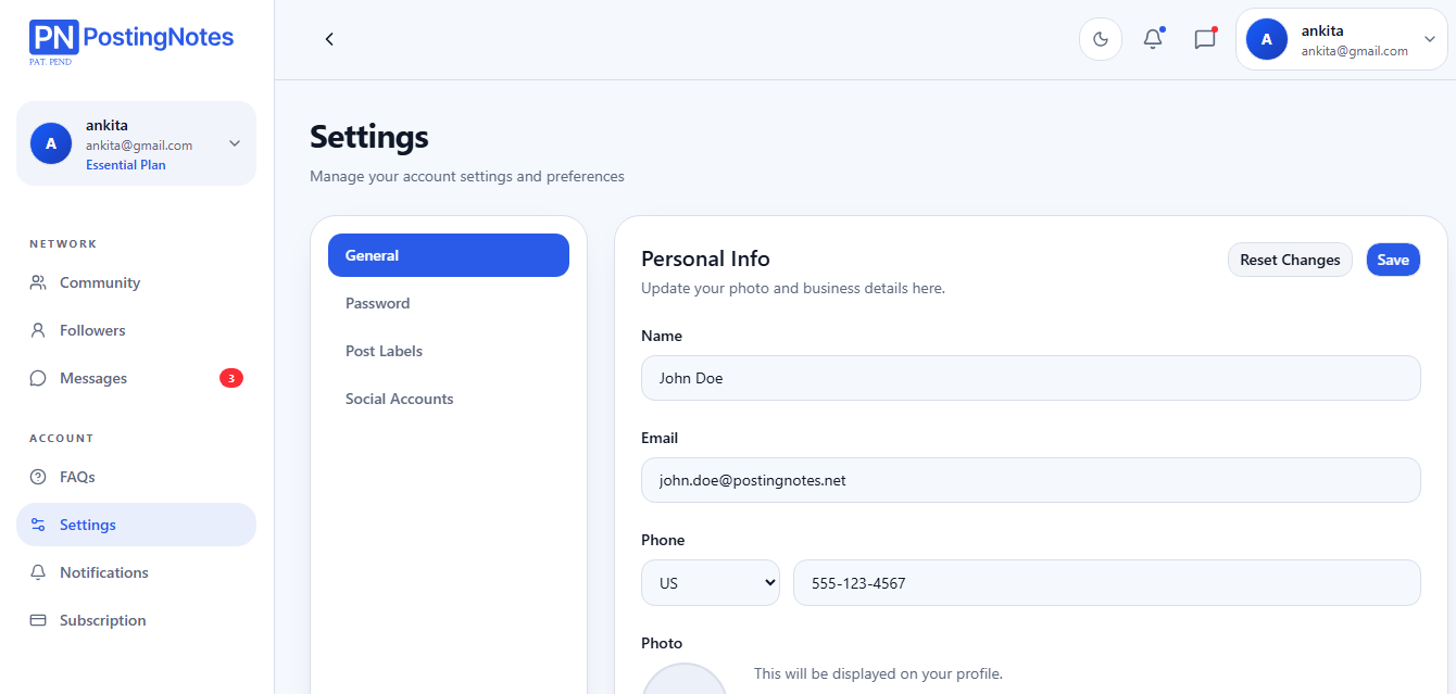 User Profile Settings